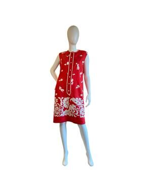 1960s Mildreds of Hawaii Red White Hawaiian Shift Dress Tropical Print